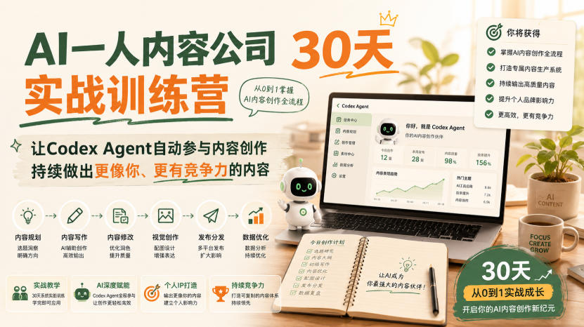 AI一人内容公司30天实战训练营，让Codex Agent自动参与内容创作持续做出更像你、更有竞争力的内容网赚项目-副业赚钱-互联网创业-资源整合老八网赚资源
