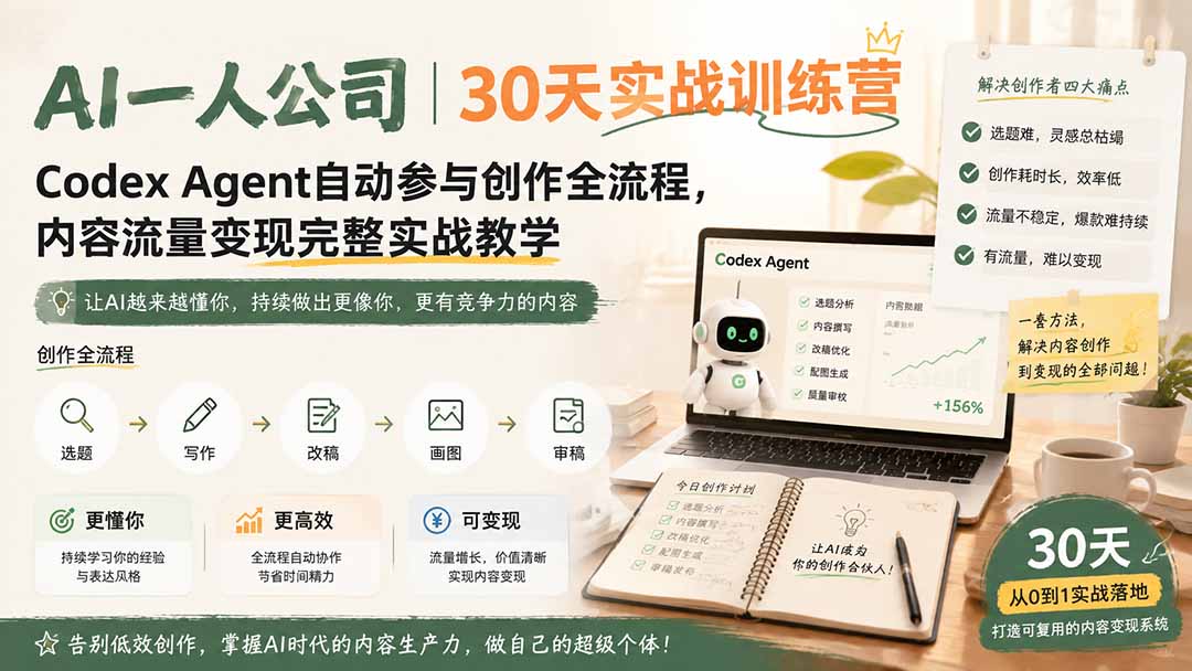 AI一人公司｜30天实战训练营；Codex Agent自动参与创作全流程，内容流量变现完整实战教学网赚项目-副业赚钱-互联网创业-资源整合老八网赚资源