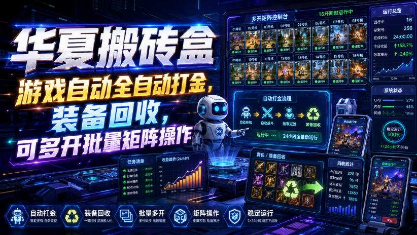 华夏搬砖盒，游戏自动全自动打金，装备回收，可多开批量矩阵操作网赚项目-副业赚钱-互联网创业-资源整合老八网赚资源
