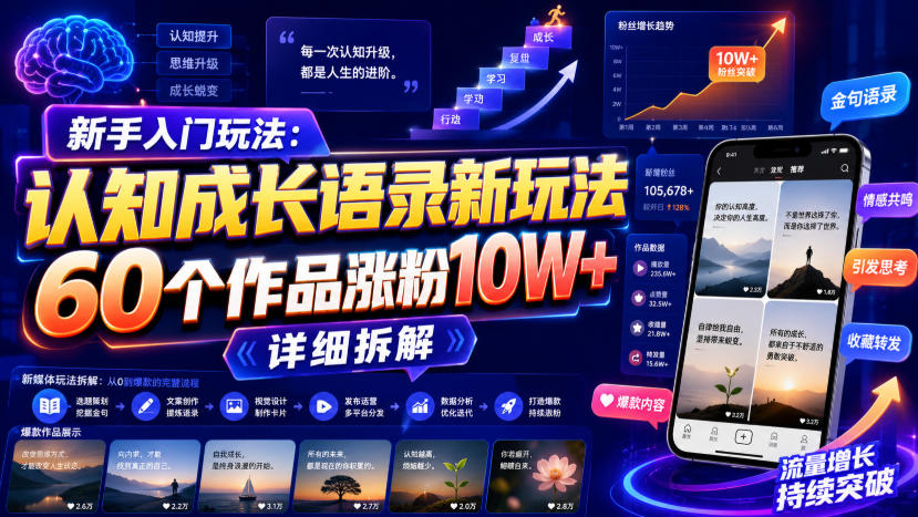 新手入门玩法：认知成长语录新玩法，60个作品涨粉10W+，详细拆解网赚项目-副业赚钱-互联网创业-资源整合老八网赚资源
