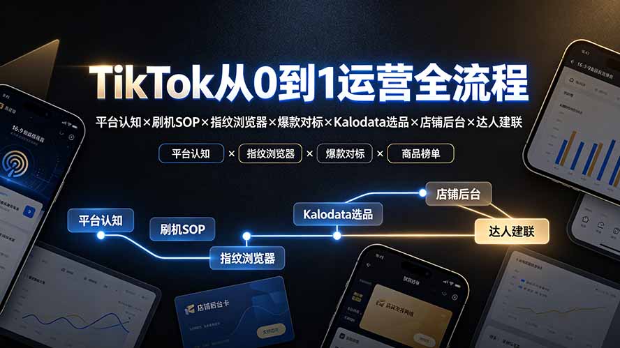TikTok从0到1运营全流程-更新：平台认知×刷机SOP×指纹浏览器×爆款对标×Kalodata选品×店铺后台×达人建联网赚项目-副业赚钱-互联网创业-资源整合老八网赚资源