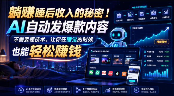 躺賺睡后收入的秘密！AI自动发爆款内容，不需要懂技术，让你在睡觉的时候也能轻松賺钱【原创双语字幕】网赚项目-副业赚钱-互联网创业-资源整合老八网赚资源