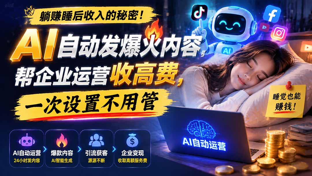 躺赚睡后收入的秘密！AI 自动发爆火内容，帮企业运营收高费，一次设置不用管【原创双语字幕】网赚项目-副业赚钱-互联网创业-资源整合老八网赚资源
