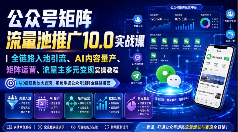 公众号矩阵流量池推广10.0实战课｜全链路入池引流、AI内容量产、矩阵运营、流量主多元变现实操教程网赚项目-副业赚钱-互联网创业-资源整合老八网赚资源