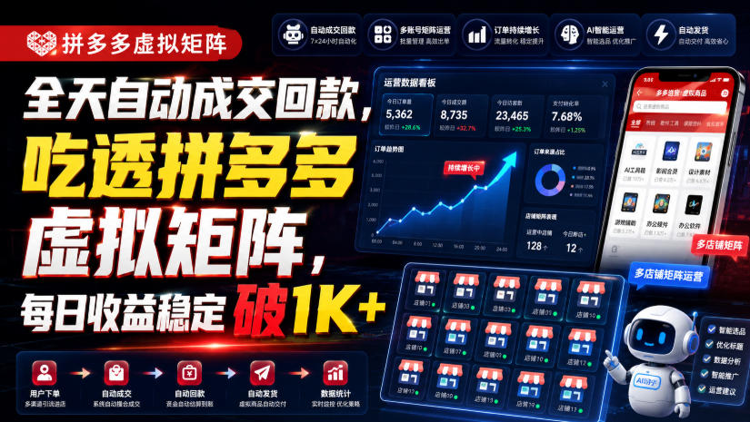 全天自动成交回款，吃透拼多多虚拟矩阵，每日收益稳定破1K+【揭秘】网赚项目-副业赚钱-互联网创业-资源整合老八网赚资源