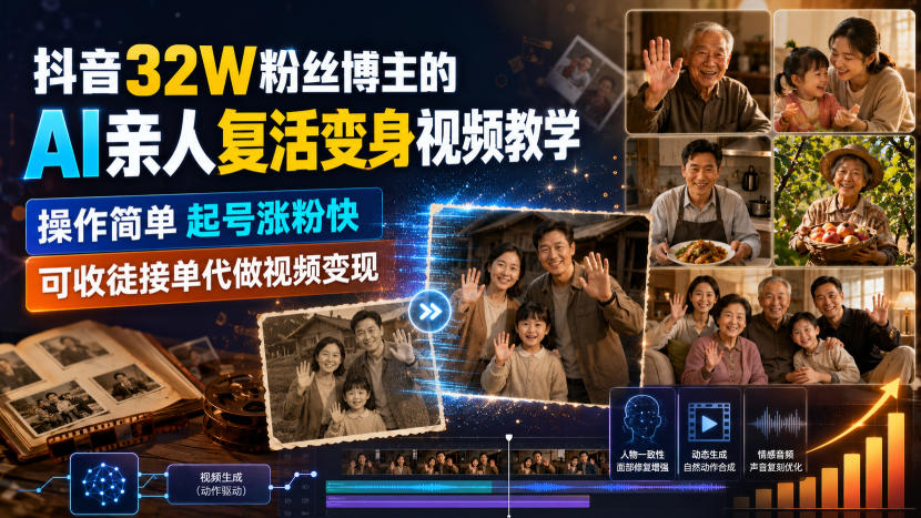 抖音32W粉丝博主的AI亲人复活变身视频教学，操作简单，起号涨粉快，可收徒接单代做视频变现网赚项目-副业赚钱-互联网创业-资源整合老八网赚资源