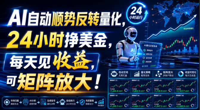 4458eab207b7a50cbd23bd564920c76e.jpeg AI自动顺势反转量化,24小时挣美金,每天见收益,可矩阵放大!【揭秘】