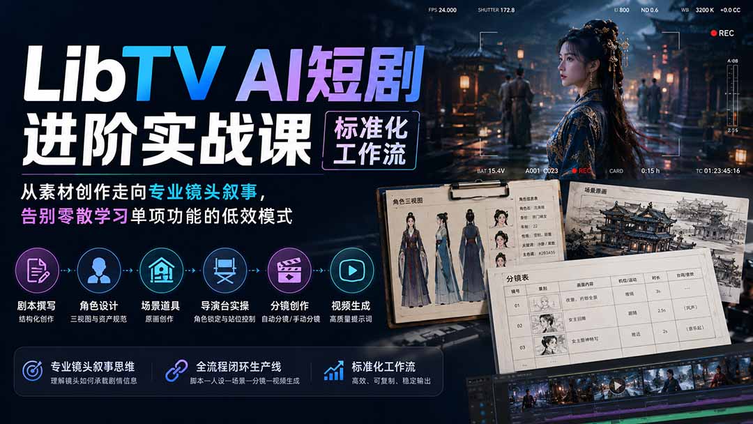 LibTV AI短剧进阶实操课标准化工作流；从素材创作走向专业镜头叙事，告别零散学习单项功能的低效模式网赚项目-副业赚钱-互联网创业-资源整合老八网赚资源