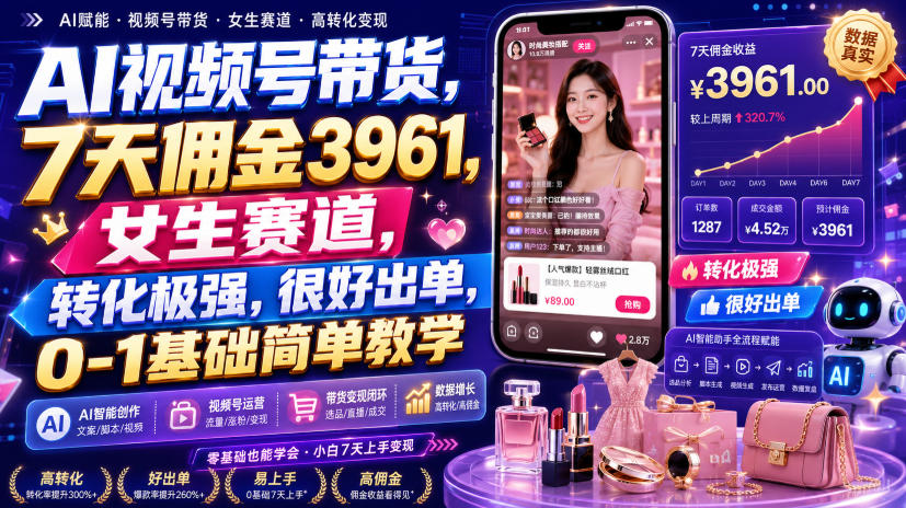 92057f2cfea12d8f673f0ff40dcbbb30.jpeg AI视频号带货,7天佣金3961,女生赛道,转化极强,很好出单,0-1基础简单教学