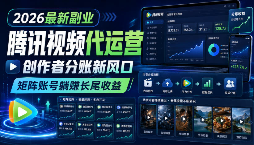 2026最新副业之腾讯视频代运营：创作者分账新风口，矩阵账号躺賺长尾收益【揭秘】网赚项目-副业赚钱-互联网创业-资源整合老八网赚资源