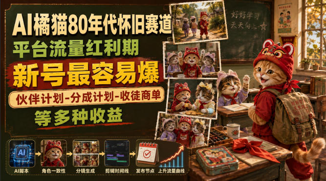AI橘猫80年代怀旧赛道，平台流量红利期，新号最容易爆，伙伴计划-分成计划-收徒商单等多种收益网赚项目-副业赚钱-互联网创业-资源整合老八网赚资源