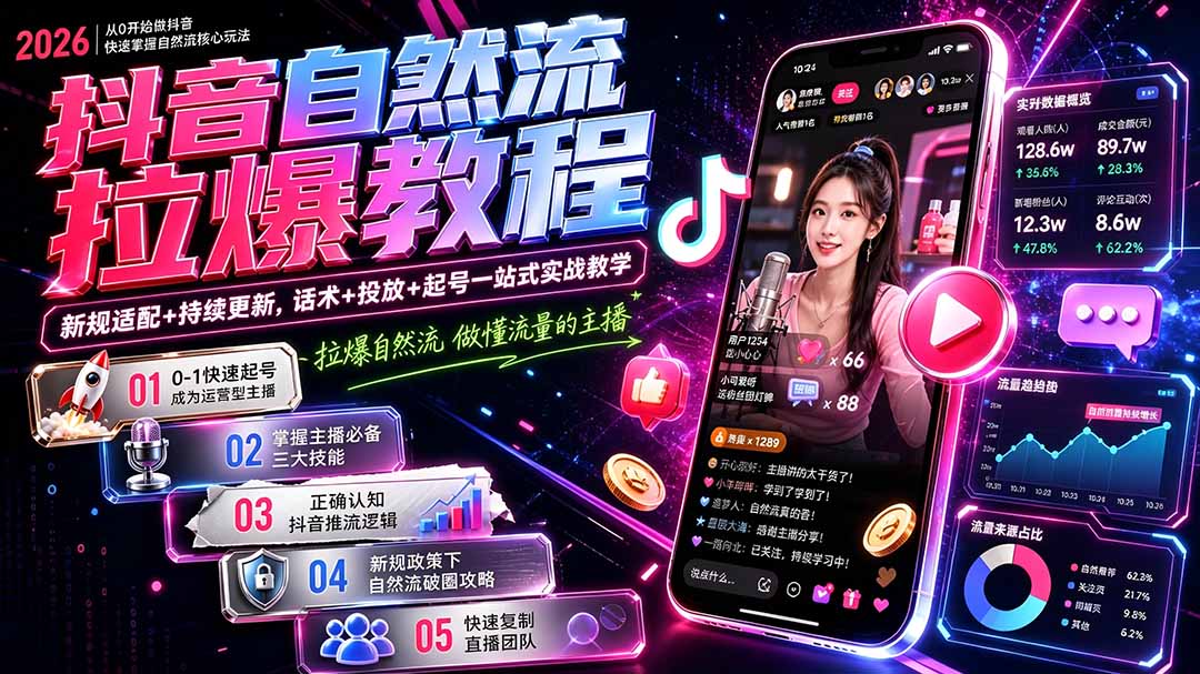 抖音自然流拉爆教程-更新8月：做懂流量的主播，新规适配+持续更新，话术+投放+起号一站式实战教学网赚项目-副业赚钱-互联网创业-资源整合老八网赚资源