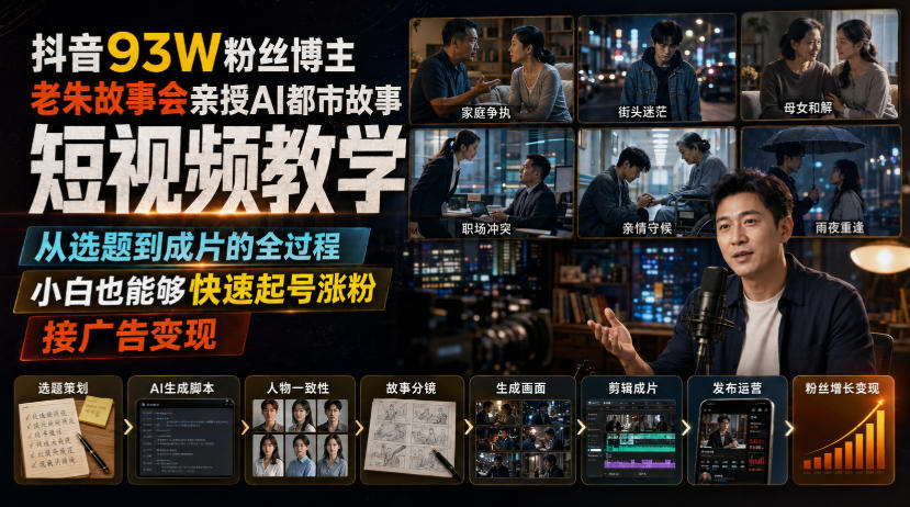 2591d6692680f69a24e5cbd241c5797c.jpeg 抖音93W粉丝博主老朱故事会亲授AI都市故事短视频教学,从选题到成片的全过程,小白也能够快速起号涨粉接广告变现