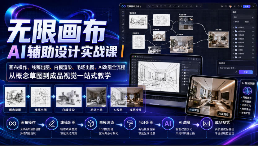 27c2e5f18972fabafc7ec9348c82910b.jpeg 无限画布AI辅助设计实战课|画布操作、线稿出图、白模渲染、毛坯出图、AI改图全流程,从概念草图到成品视觉一站式教学