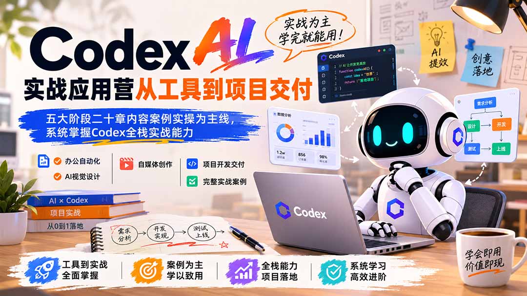 38626a6666b486d6618ae7a1b194eef9.jpeg Codex AI实战应用营从工具到项目交付;五大阶段二十章内容案例实操为主线,系统掌握Codex全栈实战能力