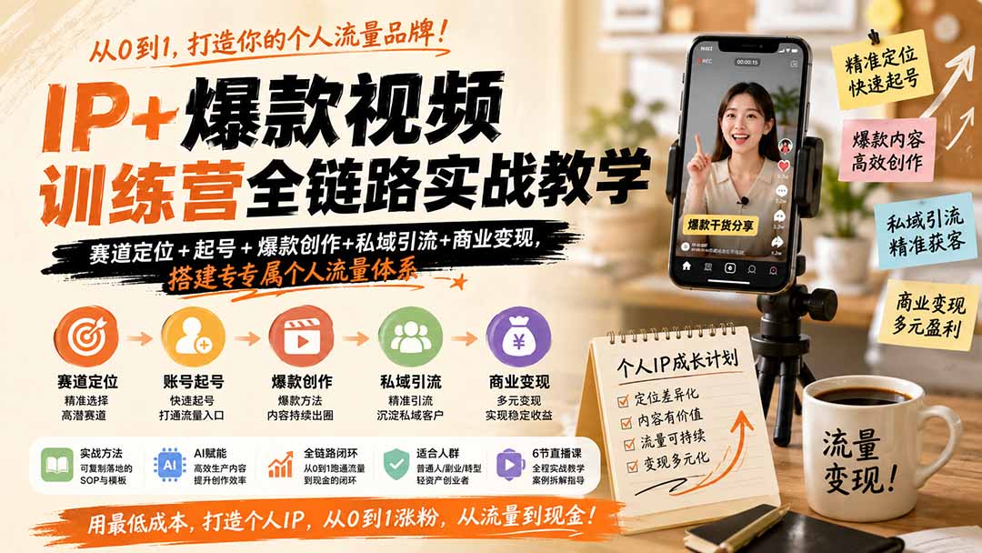 445c677cfa3090d1fd530c32390e89c8.jpeg IP+爆款视频训练营全链路实战教学;赛道定位+起号+爆款创作+私域引流+商业变现,搭建专属个人流量体系