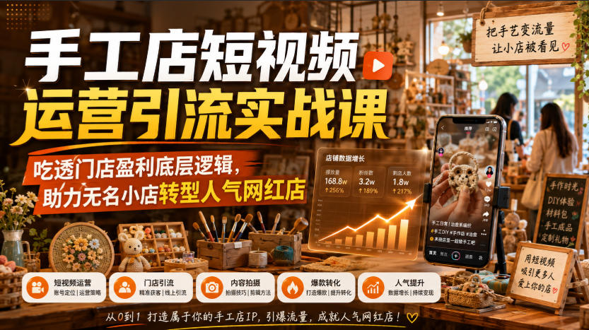 69638b3095ca082c504ff9f96e7d4046.jpeg 手工店短视频运营引流实战课,吃透门店盈利底层逻辑,助力无名小店转型人气网红店