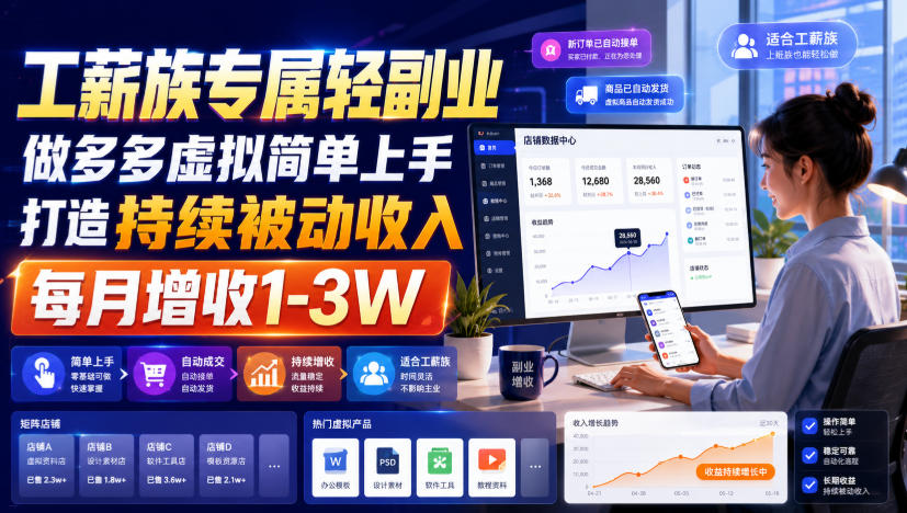 a889b23e80f6a1c4cc9fb2b708e133e6.jpeg 工薪族专属轻副业,做多多虚拟简单上手打造持续被动收入,每月增收1-3W【揭秘】