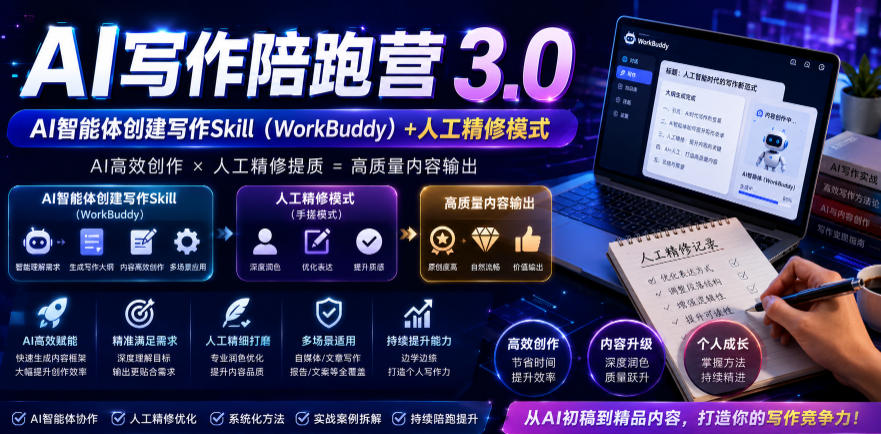 AI写作陪跑营3.0，Ai智能体创建写作skill(workbuddy)+人工手写模式(手搓模式)，去除AI痕迹(头条号、公众号、百家号)(更新0814)网赚项目-副业赚钱-互联网创业-资源整合老八网赚资源