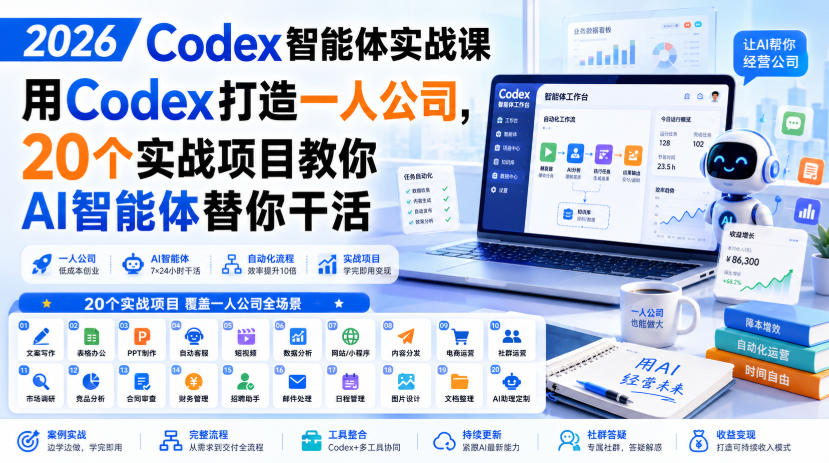 2026 Codex智能体实战课，用Codex打造一人公司，20个实战项目教你AI智能体替你干活网赚项目-副业赚钱-互联网创业-资源整合老八网赚资源