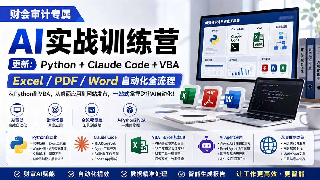 财会审计专属 AI实战训练营：Python+Claude Code+VBA，Excel/PDF/Word自动化全流程 (更新网赚项目-副业赚钱-互联网创业-资源整合老八网赚资源