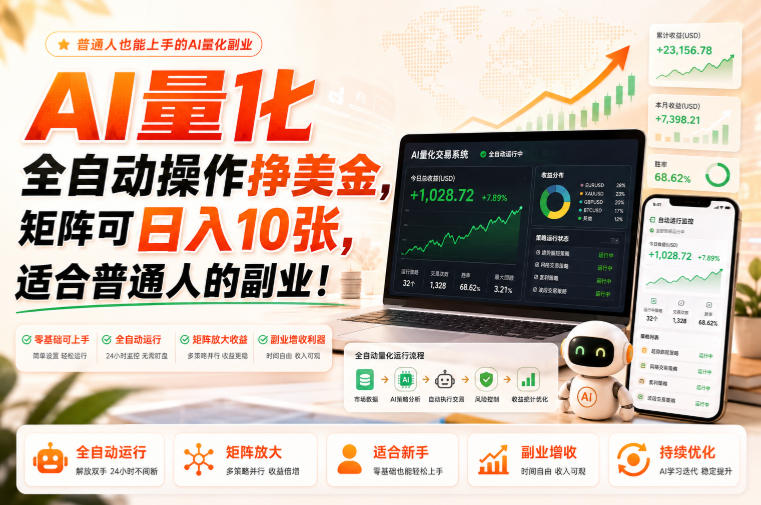 AI量化全自动操作挣美金，矩阵可日入10张，适合普通人的副业！【揭秘】网赚项目-副业赚钱-互联网创业-资源整合老八网赚资源