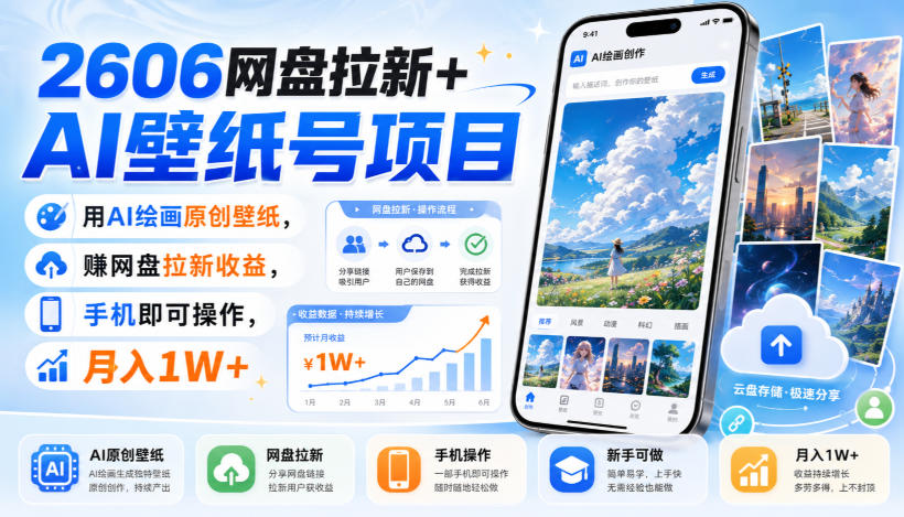 2606网盘拉新+AI壁纸号项目，用AI绘画原创壁纸，賺网盘拉新收益，手机即可操作，月入1W+网赚项目-副业赚钱-互联网创业-资源整合老八网赚资源