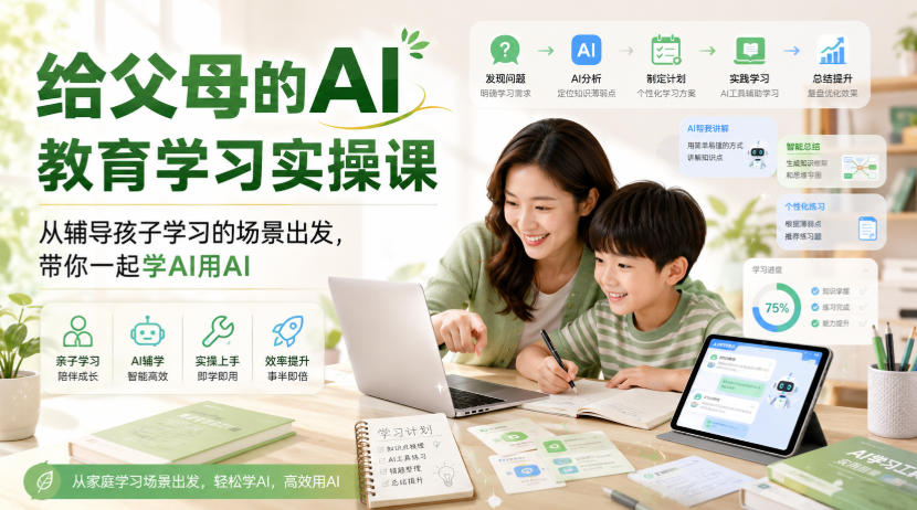 给父母的AI教育学习实操课，从辅导孩子学习的场景出发，带你一起学AI用AI网赚项目-副业赚钱-互联网创业-资源整合老八网赚资源
