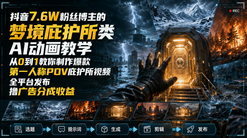 抖音7.6W粉丝博主的梦境庇护所类AI动画教学，从0到1教你制作爆款第一人称POV庇护所视频，全平台发布撸广告分成收益网赚项目-副业赚钱-互联网创业-资源整合老八网赚资源