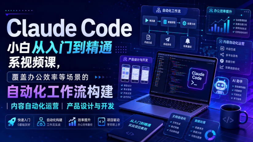 Claude Code小白从入门到精通系视频课，覆盖办公效率等场景的自动化工作流构建|内容自动化运营|产品设计与开发网赚项目-副业赚钱-互联网创业-资源整合老八网赚资源