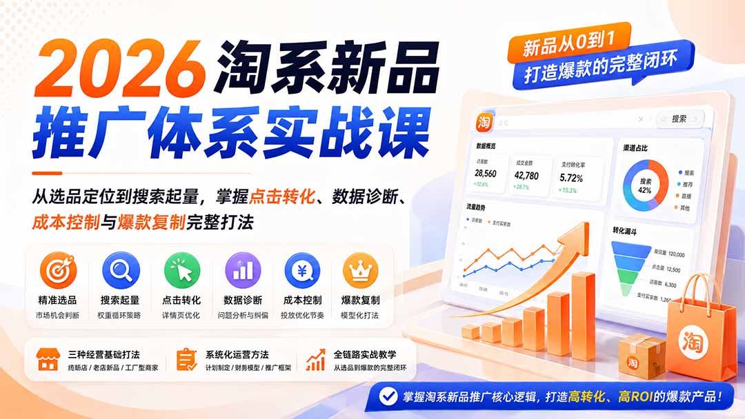 2026淘系新品推广体系实战课：从选品定位到搜索起量，掌握点击转化、数据诊断、成本控制与爆款复制完整打法网赚项目-副业赚钱-互联网创业-资源整合老八网赚资源
