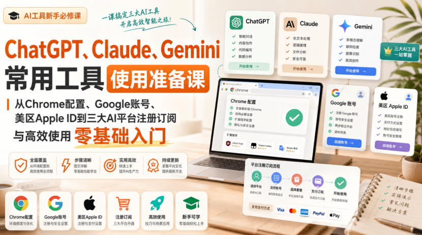 ChatGPT、Claude、Gemini常用工具使用准备课｜从Chrome配置、Google账号、美区Apple ID到三大AI平台注册订阅与高效使用零基础入门网赚项目-副业赚钱-互联网创业-资源整合老八网赚资源