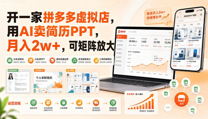 23756f83ae6fbd3c18b5869b7a4efdf3.jpeg 开一家拼多多虚拟店,用AI卖简历PPT,月入2w+,可矩阵放大【揭秘】