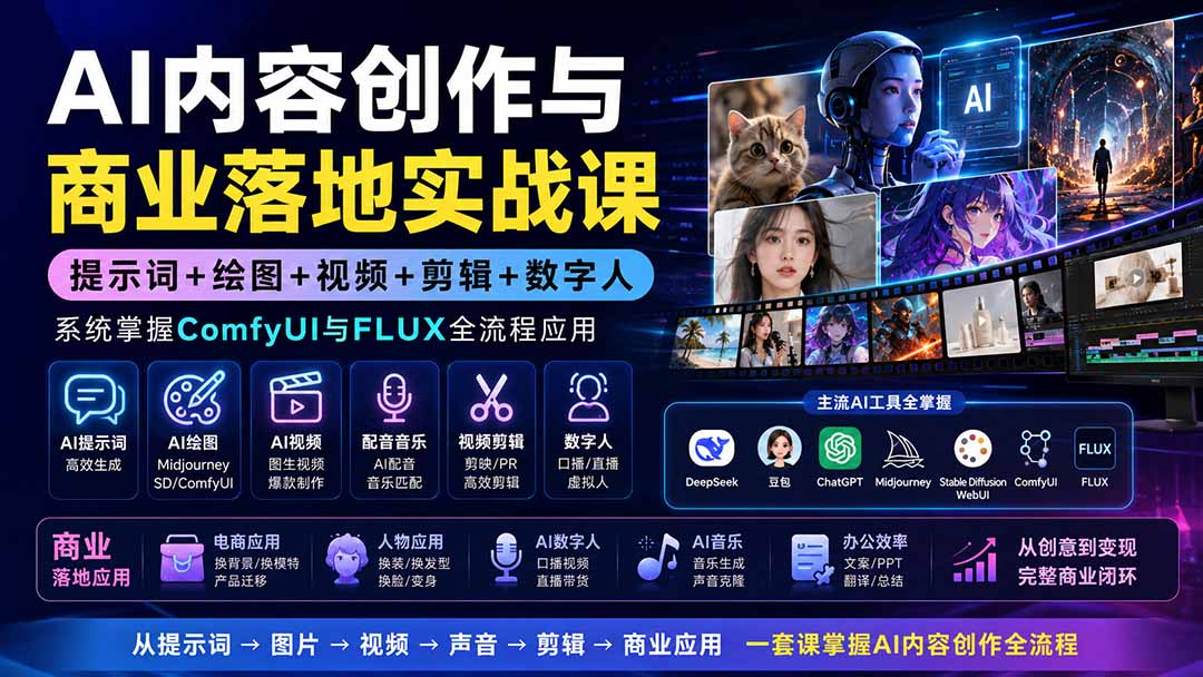 AI内容创作与商业落地实战课：提示词+绘图+视频+剪辑+数字人，系统掌握ComfyUI与FLUX全流程应用网赚项目-副业赚钱-互联网创业-资源整合老八网赚资源