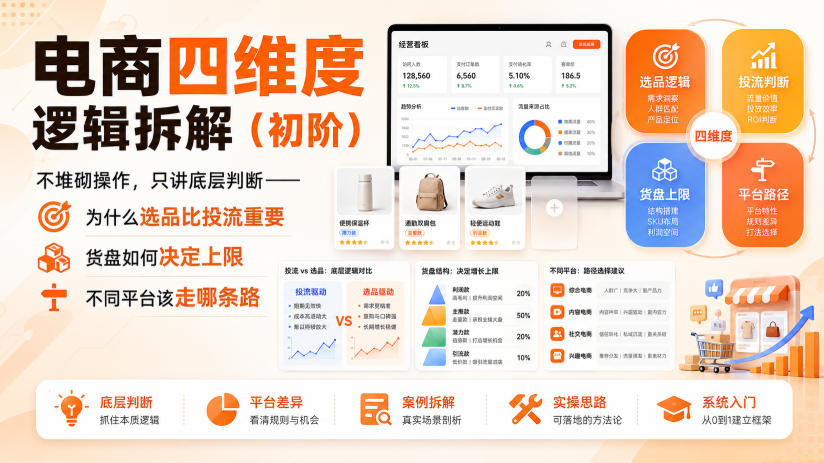 电商四维度逻辑拆解(初阶)不堆砌操作，只讲底层判断——为什么选品比投流重要、货盘如何决定上限、不同平台该走哪条路网赚项目-副业赚钱-互联网创业-资源整合老八网赚资源