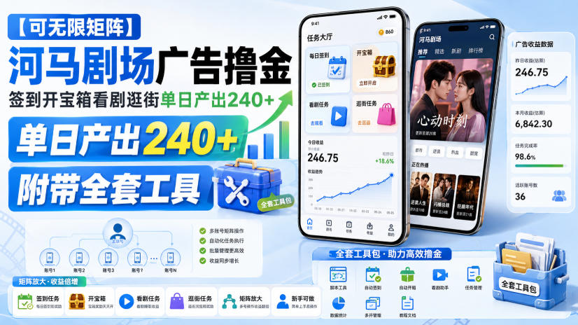 【可无限矩阵】河马剧场广告撸金，签到开宝箱看剧逛街单日产出240+，附带全套工具【揭秘】网赚项目-副业赚钱-互联网创业-资源整合老八网赚资源