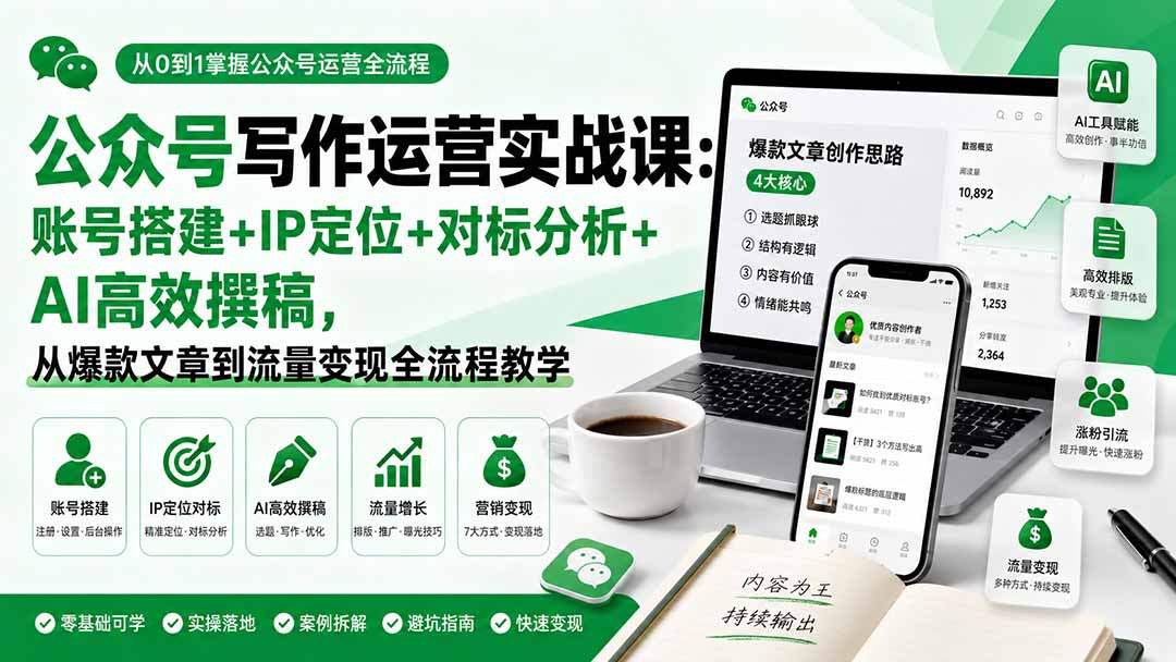 公众号写作运营实战课：账号搭建+IP定位+对标分析+AI高效撰稿，从爆款文章到流量变现全流程教学网赚项目-副业赚钱-互联网创业-资源整合老八网赚资源