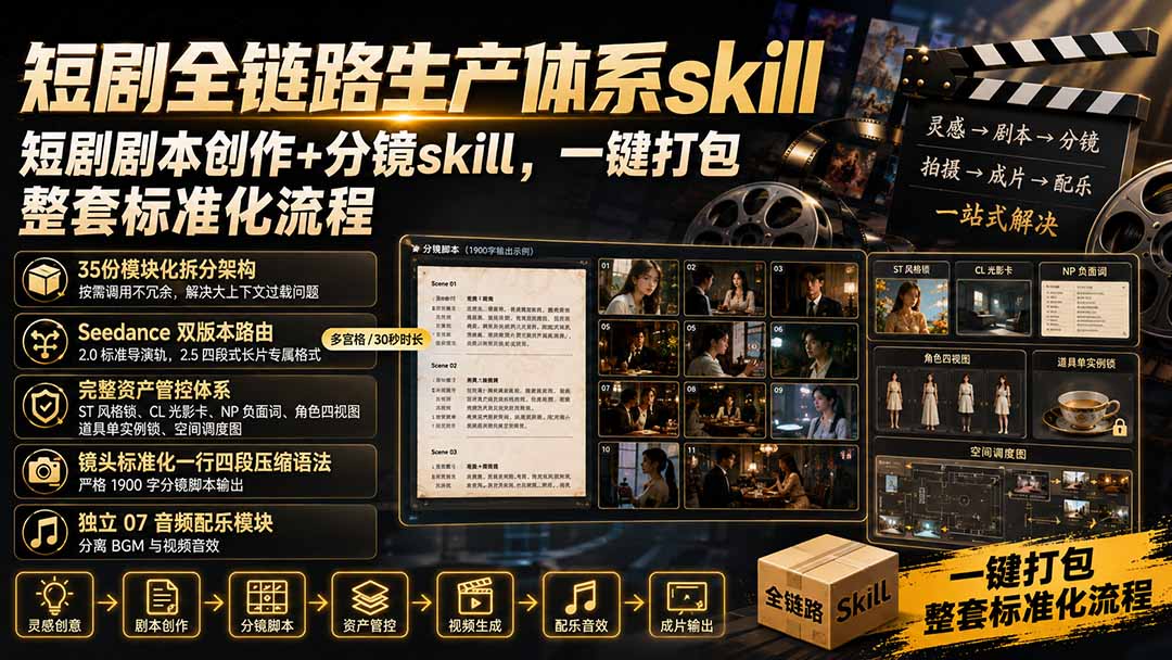 短剧全链路生产体系skill，短剧剧本创作+分镜skill，一键打包，整套标准化流程网赚项目-副业赚钱-互联网创业-资源整合老八网赚资源