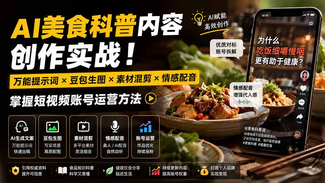 外面卖199元-AI美食科普内容创作实战！万能提示词×豆包生图×素材混剪×情感配音，掌握短视频账号运营方法网赚项目-副业赚钱-互联网创业-资源整合老八网赚资源