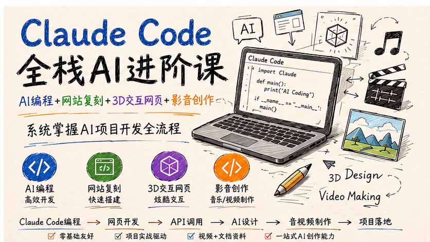 Claude Code全栈AI进阶课；AI编程+网站复刻+3D交互网页+影音创作，系统掌握AI项目开发全流程网赚项目-副业赚钱-互联网创业-资源整合老八网赚资源