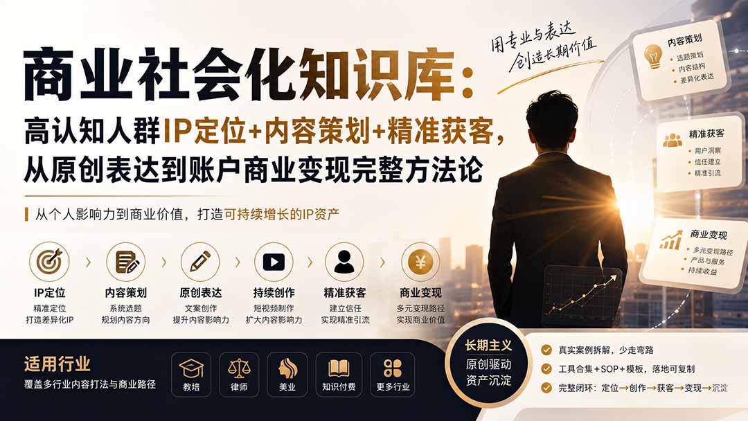 商业社会化知识库：高认知人群IP定位+内容策划+精准获客，从原创表达到账户商业变现完整方法论