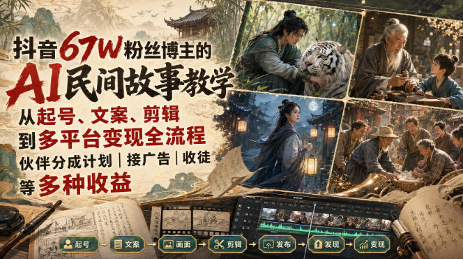 抖音67W粉丝博主的AI民间故事教学，从起号、文案、剪辑到多平台变现全流程，伙伴分成计划接广告等多种收益，月入1W+网赚项目-副业赚钱-互联网创业-资源整合老八网赚资源