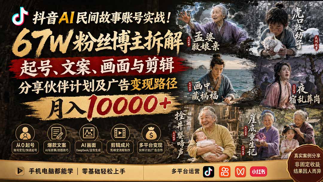 抖音AI民间故事账号实战！67W粉丝博主拆解起号、文案、画面与剪辑，分享伙伴计划及广告变现路径，月入10000+网赚项目-副业赚钱-互联网创业-资源整合老八网赚资源
