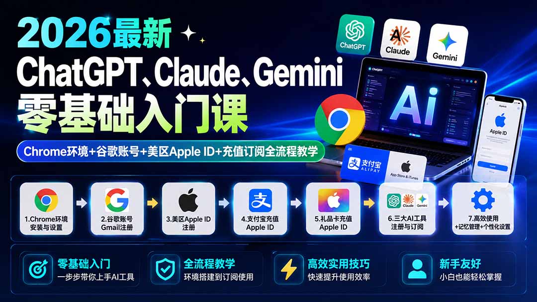 bafc8cf2e5a97e51b87944571c30bfeb.jpeg 2026最新ChatGPT、Claude、Gemini零基础入门课:Chrome环境+谷歌账号+美区Apple ID+充值订阅全流程教学