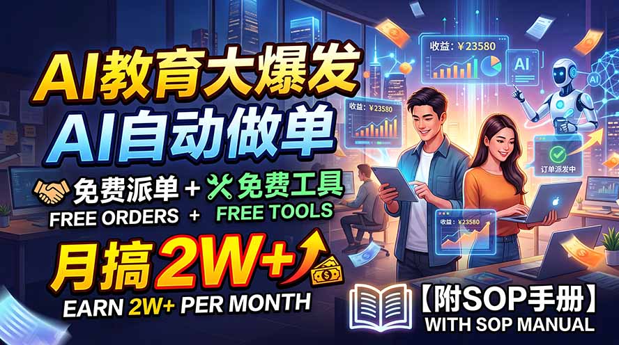 AI教育大爆发，AI自动做单，免费派单+免费工具，月搞2W+【附SOP手册】网赚项目-副业赚钱-互联网创业-资源整合老八网赚资源