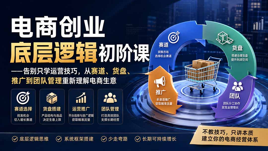 f501502d4067c54e67271f3412b5fe7a.jpeg 电商创业底层逻辑初阶课——告别只学运营技巧,从赛道、货盘、推广到团队管理重新理解电商生意