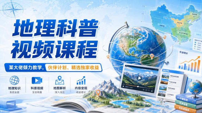 地理科普视频课程，某大佬倾力教学，伙伴计划、精选独家收益网赚项目-副业赚钱-互联网创业-资源整合老八网赚资源