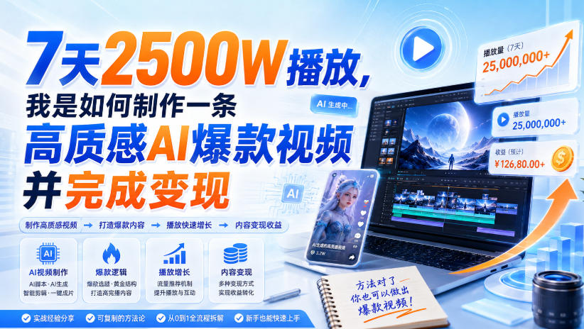 7天2500W播放，我是如何制作一条高质感AI爆款视频并完成变现网赚项目-副业赚钱-互联网创业-资源整合老八网赚资源