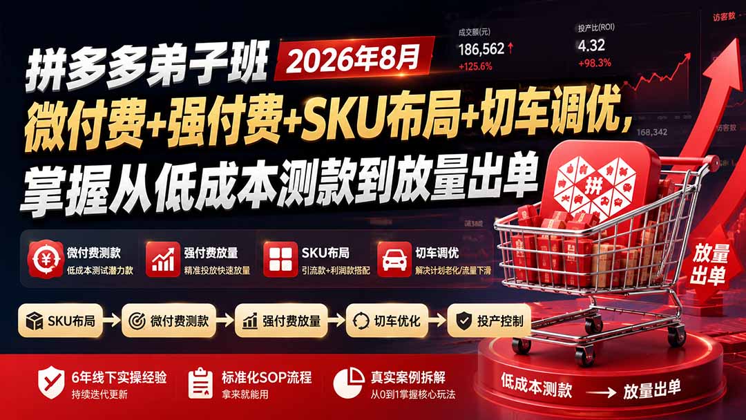 拼多多弟子班2026年8月：微付费+强付费+SKU布局+切车调优，掌握从低成本测款到放量出单网赚项目-副业赚钱-互联网创业-资源整合老八网赚资源