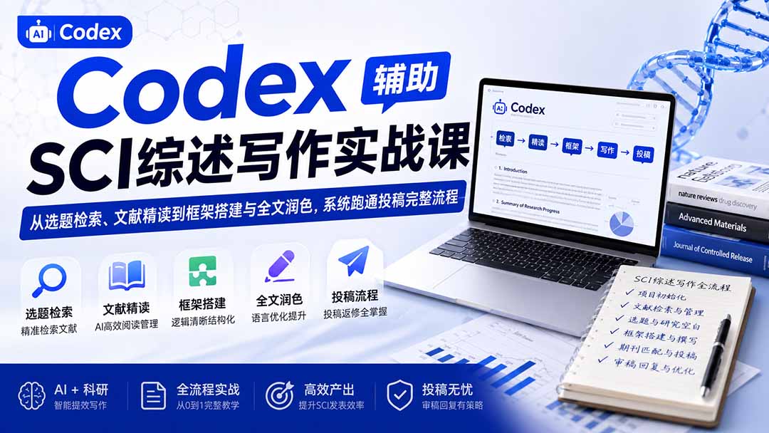 Codex辅助SCI综述写作实战课——从选题检索、文献精读到框架搭建与全文润色，系统跑通投稿完整流程网赚项目-副业赚钱-互联网创业-资源整合老八网赚资源